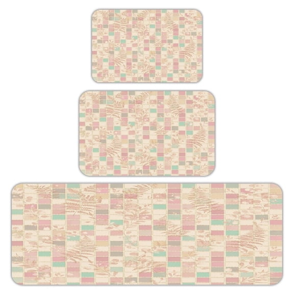 RKSupls Kitchen Rug Set 3 Piece Anti-Slip Flannel Floor Mats, Patchwork Fern Grid Washable Absorbent Runner Mats for Kitchen Bathroom Home Decor