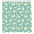 thumbnail image 3 of Whales Shower Curtain, Childish Pastel Toned Pattern of Dolphin Turtle Starfish Stingray Eel, Fabric Bathroom Set with Hooks, 69W X 84L Inches Extra Long, Seafoam and Pale Yellow, by Ambesonne, 3 of 3