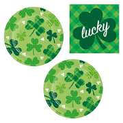 St Patricks Day Irish Party Supplies | Paper Dessert Plates and Beverage Napkins for 16 People | Patterned Shamrocks and Irish Lucky Clover Design