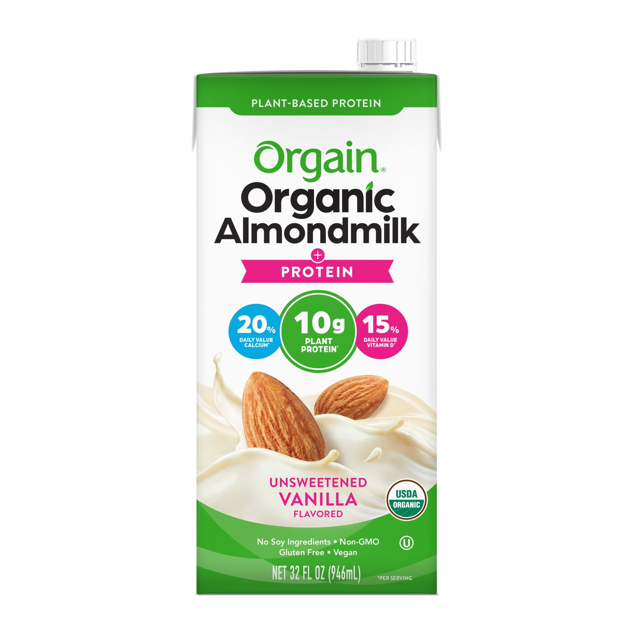 (4 pack) Orgain Organic 10g Plant Based Protein Almondmilk, Unsweetened Vanilla 32oz, 1ct