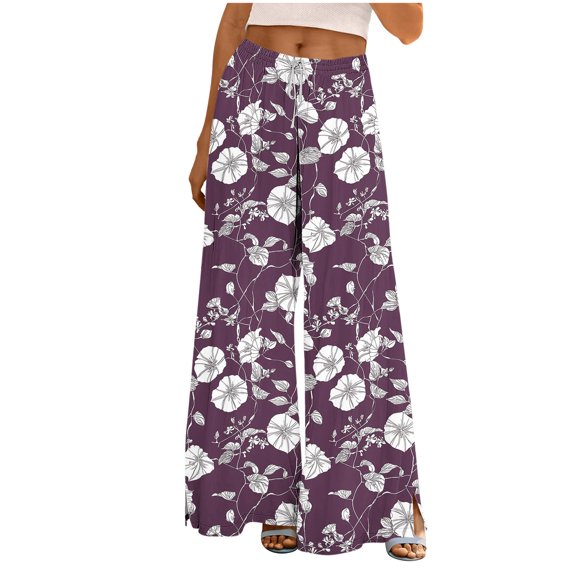 successthop Women Wide Leg Pants Drawstring Elastic Waist Trousers Slit Hem Slacks Floral Casual Bottoms with Pockets