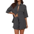 thumbnail image 2 of Womens Striped 2 Piece Sets Short Sleeve Button Down Shirt and Shorts Pajama Lounge Set Black XL, 2 of 10