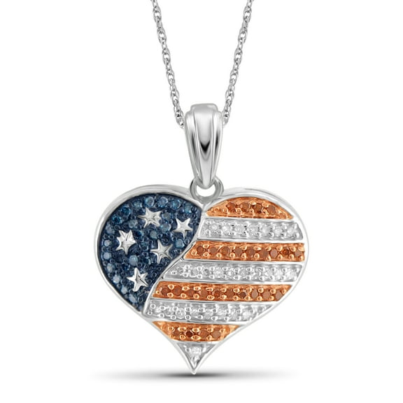 JewelersClub Diamond American Flag Necklace – Heart Pendant with .925 Sterling Silver Chain Necklace – Genuine .25 CTW Red, White, Blue Diamond Necklace Patriotic Jewelry for Women