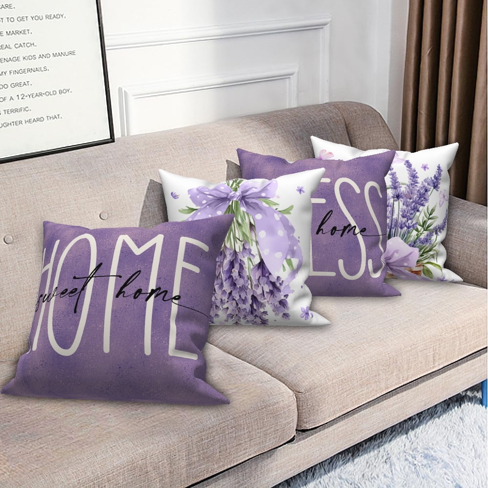 Purple Lavender Throw Pillow Covers 20x20 Set of 4,Spring Summer Floral Decorative Pillow Cases for Bedroom Sofa Couch