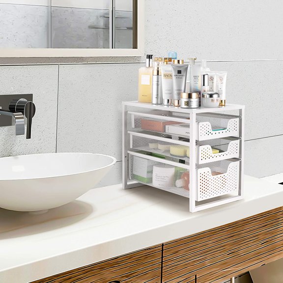 3-Tier Under Sink Cabinet Organizer with Sliding Storage Drawer, Desktop Organizer for Kitchen Bathroom Office, Stackbale,White
