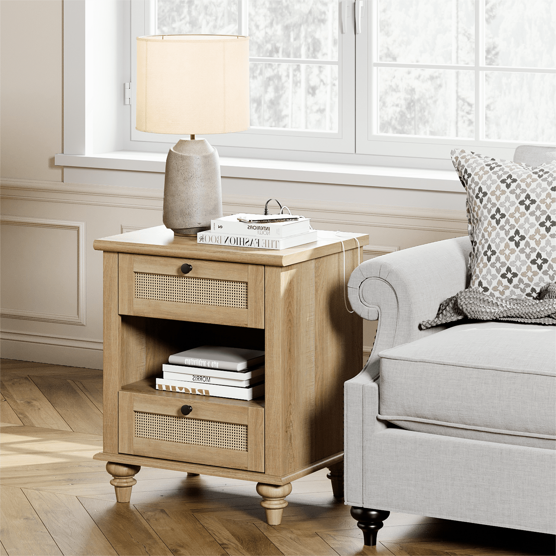 Rattan Night Stand with Charging Station, 20 Inch Vintage End Table with 2 Drawers for Bedroom, Living Room, Antique Oak