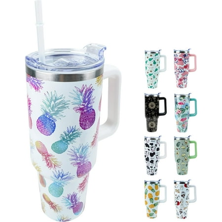 

40 oz Tumbler with Handle and Straw Stainless Steel Insulated Cup with Leak Proof Lid and Straw Lid Keep Drinks Cold and Hot for Hours(Pineapple)