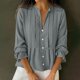 thumbnail image 2 of Tops de Manga Larga de las Mujeres de Color Sólido Casual con Detalle Del Botón Plisado, Blusa de Lino con Cuello en V para el Otoño Diario, 2 of 9