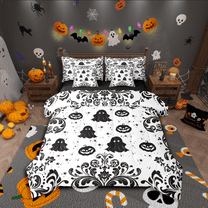 Manfei Black Ghost Bedding Sets Twin Size,Halloween Pumpkin Comforter Sets with Sheets,Boho Damask Bed in a Bag Twin size,Ultra Soft Spooky Room Decor,Reversible,7-Piece