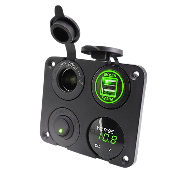 Panel de tomas de corriente para cargador 4 en 1, toma para encendedor de cigarrillos, cargador USB doble Verde