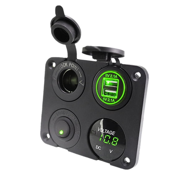 Panel de enchufes para cargador 4 en 1, interruptor basculante de encendido y apagado, voltímetro LED, doble puerto USB Verde