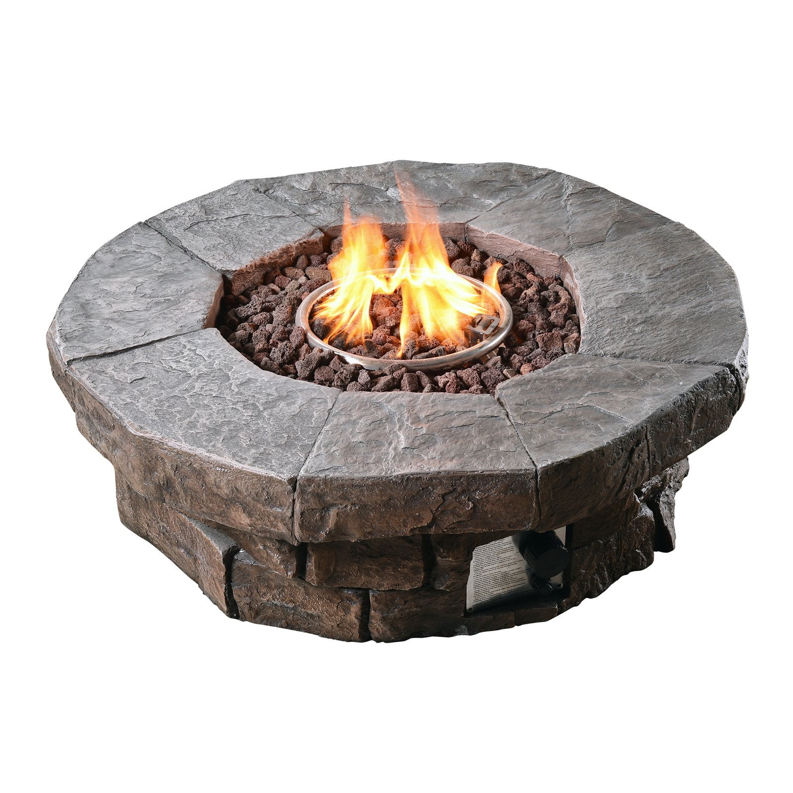 Woodsy Outdoor Round Stone Propane Gas Fire Pit - Teamson Home: Electric Ignition, 50K BTU Output, Includes Cover & Lava Rocks