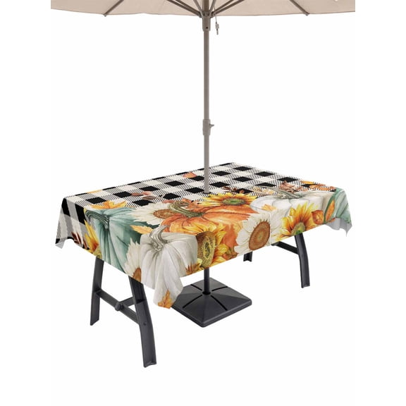Outdoor Tablecloth with Umbrella Hole and Zipper, Thanksgiving Pumpkin Rectangle Table Cloth 60x102 Inch Waterproof Tablecloth, Fall Sunflower Leaves Black Plaid Picnic Table Cover for Patio Camping