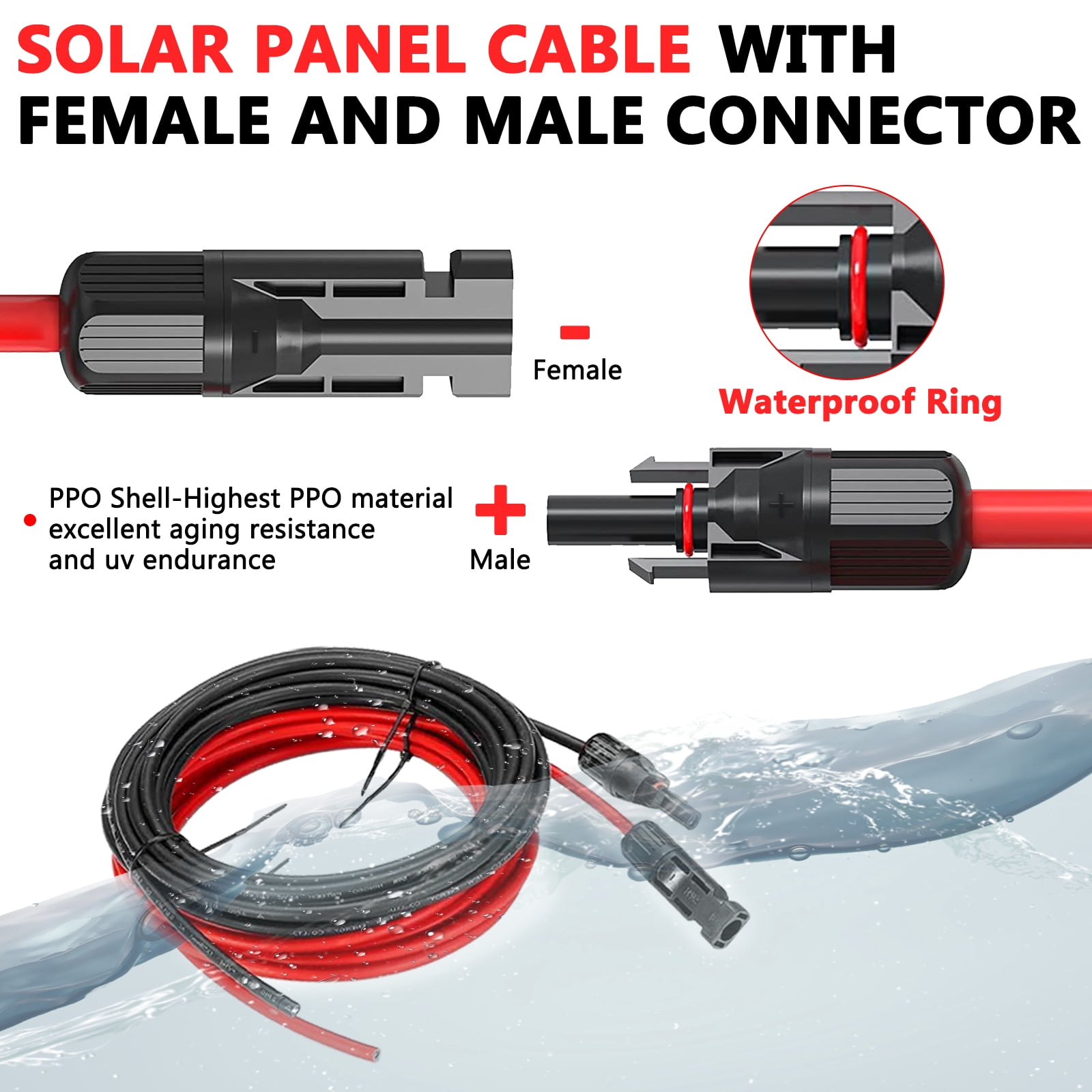 Solar Panel Extension Cable 30FT 10AWG, 6mm² Solar Extension Cable Wire with Female Male Waterproof Connectors for RV, Photovoltaic Systems