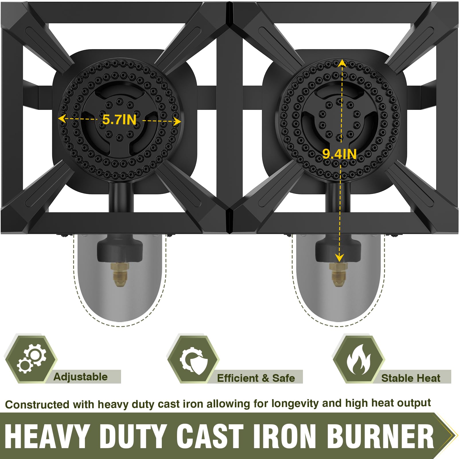 Frizi 200,000 BTU Double Propane Burner - High Pressure Outdoor Gas Camping Stove with Adjustable Regulator & Hose