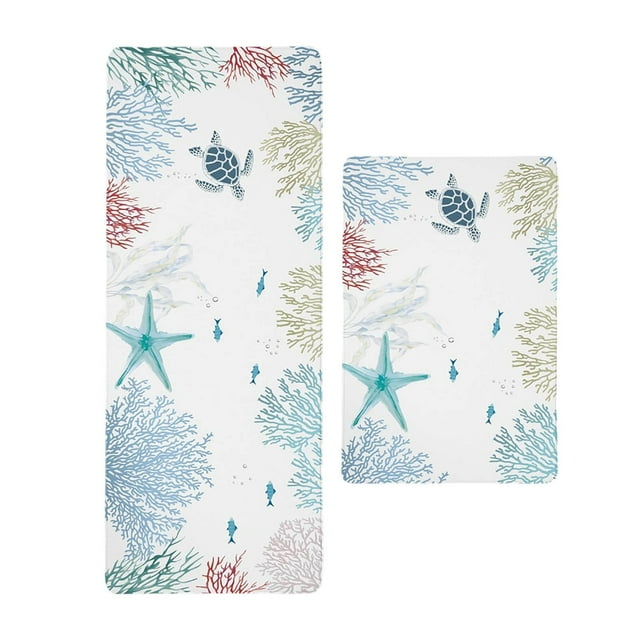 Cartoon Print Kitchen Carpet Set for Living Room and Entrance Non Cozy Polyester Rug with Fish Theme Washable Mat 2PCS