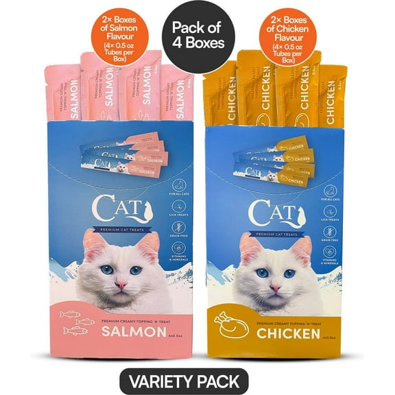 Cat by Scoochie Squeeze-Up Mixed Variety Pack Premium Creamy Salmon, Chicken Lickable Cat Treats, 4CT