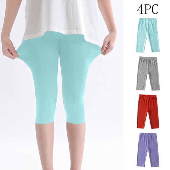Maqroz 4 Pieces Girls Capri Leggings Elastic High Waist Stretchy Soft Breathable Summer Trousers for Girls Sports 2-13 Years