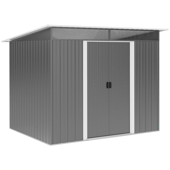 Outsunny 6' x 8.5' Garden Storage Shed with Skylight, Metal Outdoor Shed Tool House with Double Doors for Patio Yard, Grey