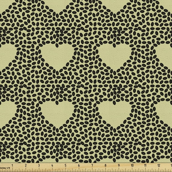 Coffee Sofa Upholstery Fabric by the Yard, Heart Pattern Created with Beans Coffee Lover Themed, Decorative Fabric for DIY & Home Accents, 2 Yards, Yellow Green Grey by Ambesonne