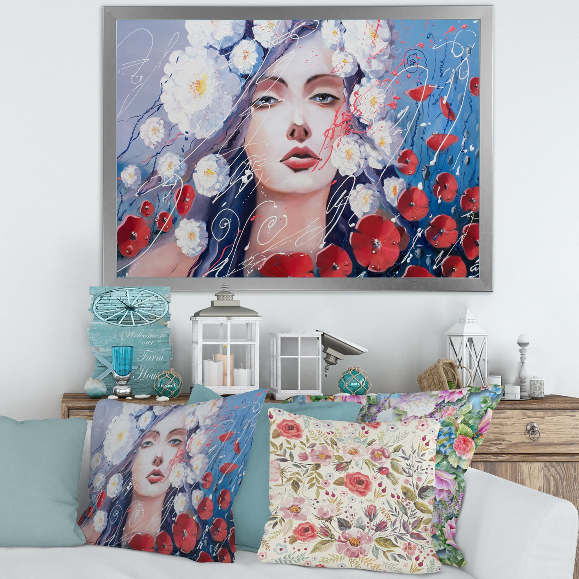 Designart 'Portrait Of A Young Lady With Red & White Flowers' Traditional Framed Art Print