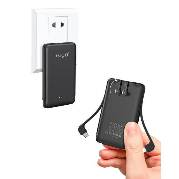 TG90° Power Bank Portable Phone Charger, 5000mAh Small Battery Pack with Built-in Foldable AC Wall Plug and Cables, Ultra Mini Battery Charger Compatible with iPhone16/15 Series and Android Devices