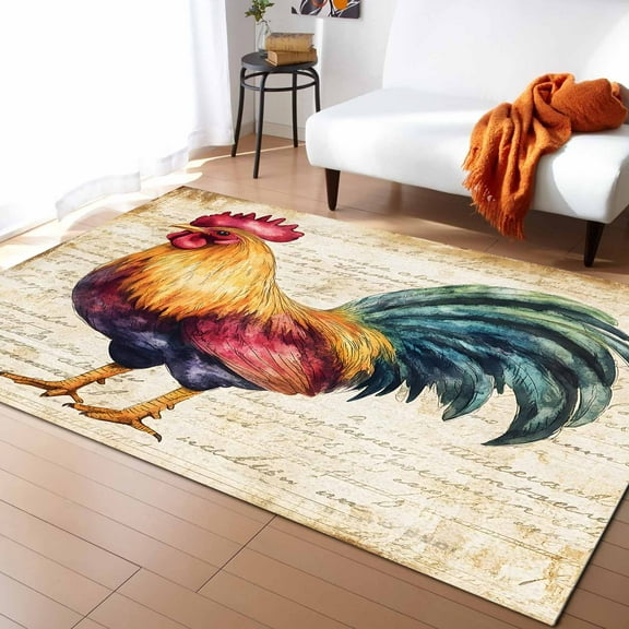 Area Rugs Indoor Non-Slip Rectangle Rug 4x6 Ft Farmhouse Rooster Retro Animal Country Style Rug Rubber Backing Floor Mats Non Shedding Home Decor Carpet for Entryway Living Room