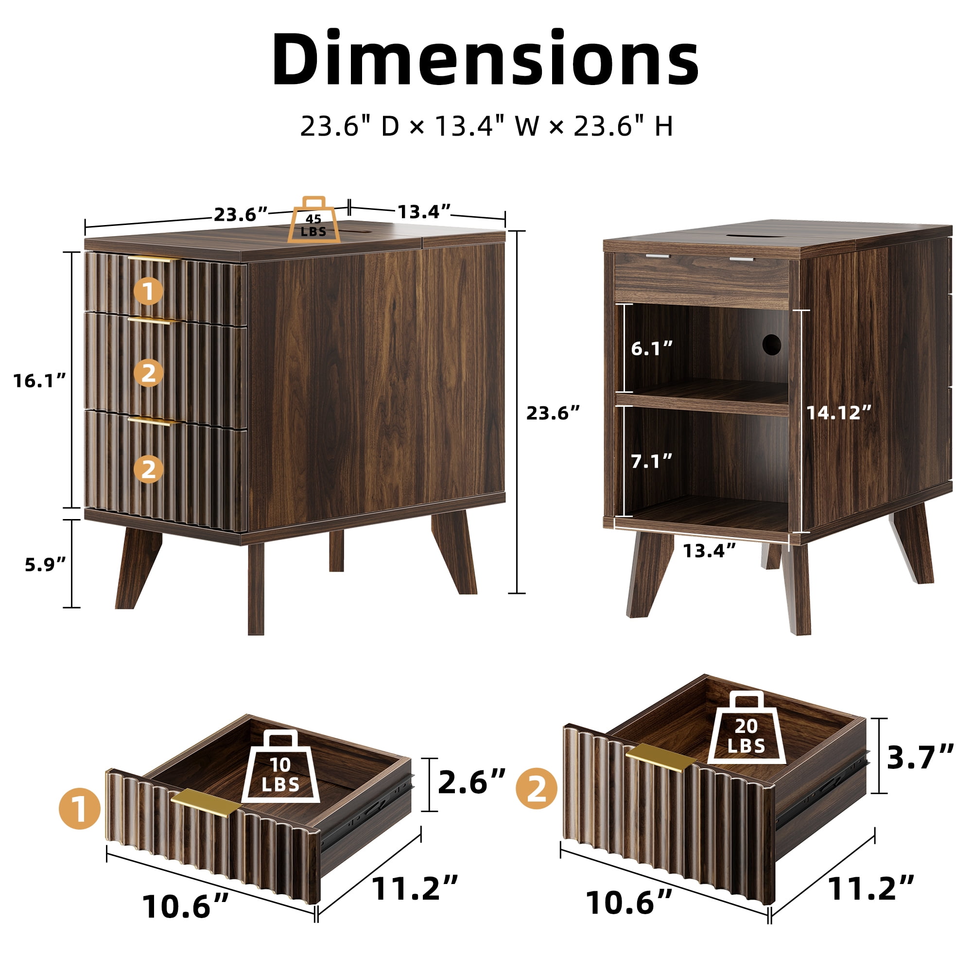 Biemlerfn 3 Drawer Side Table with Charging Station, Narrow End Table with Open Storage, Wooden Nightstand for Bedroom, Living Room, Brown