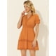 thumbnail image 2 of Mini vestido sólido de manga corta con cuello en V y cintura elástica para mujer naranja L, 2 of 5