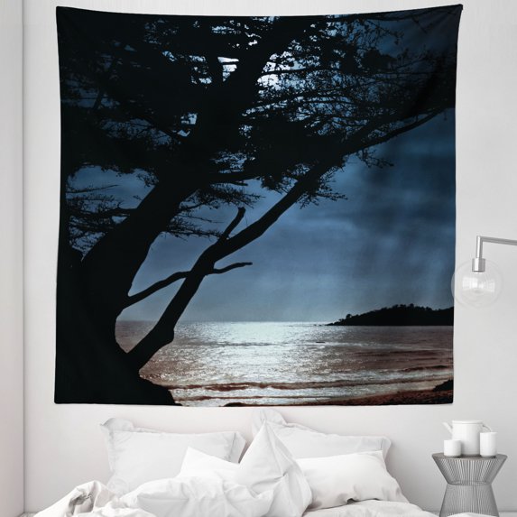 Landscape Tapestry, Romantic Late Night Lonely Tree Silhouettes and Seascapes Rippling Ocean, Fabric Wall Hanging Decor for Bedroom Living Room Dorm, 5 Sizes, Black and Blue, by Ambesonne