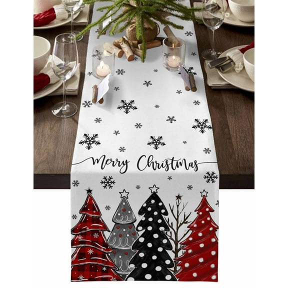 Christmas Table Runner Merry Christmas Tree Table Runners Snowflake Red Black Polka Dot Cotton Linen Dresser Scarf Kitchen Dining Table Decor for Christmas Holiday Party Decor 13x90 Inch