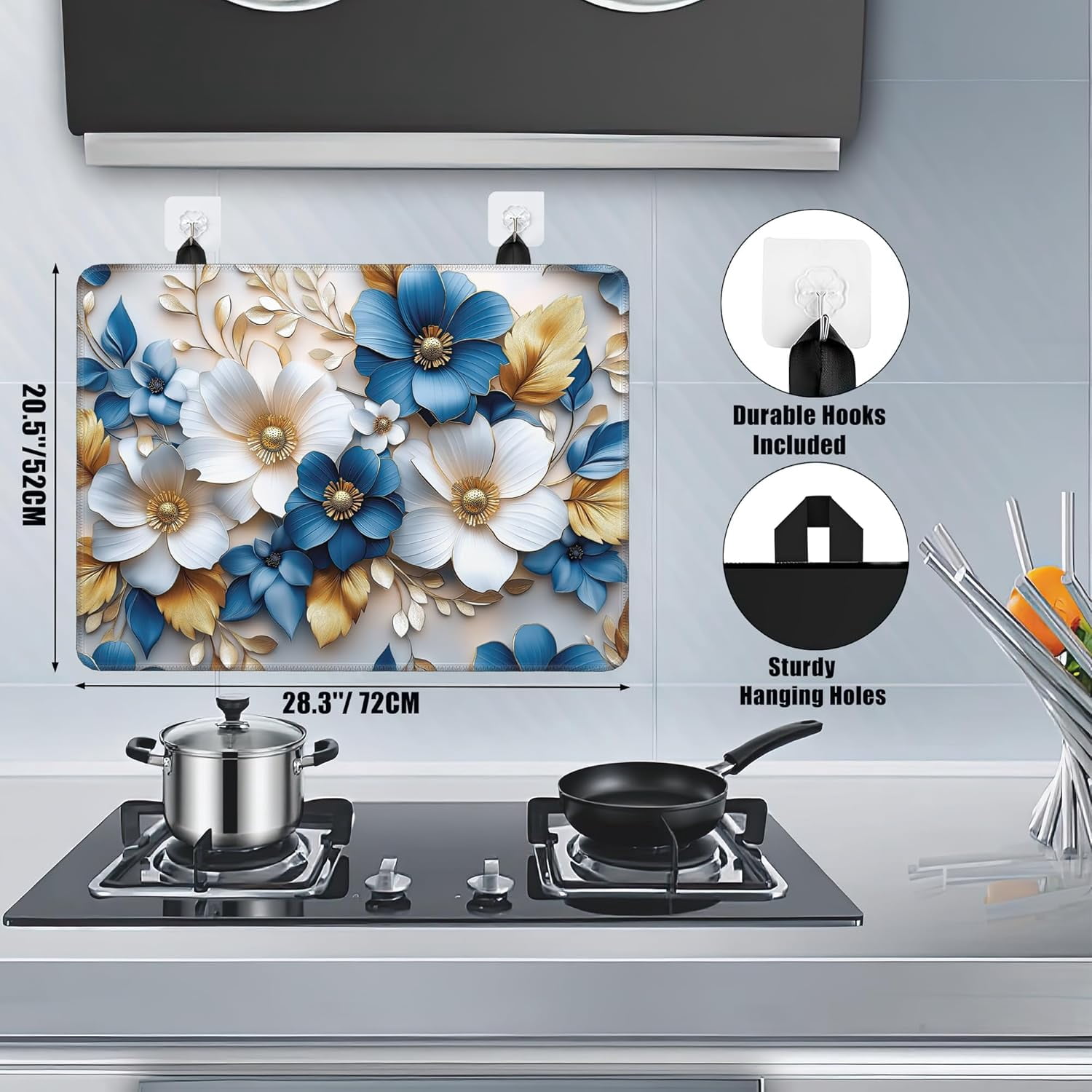 Groovy Flower Glass Top Stove Cover Protector,Modern Blue White Gold Flower Heat Resistant Stove Top Cover, Large Size Range Covers for Electric Stove Countertop Mat, 28 x 20 Inch