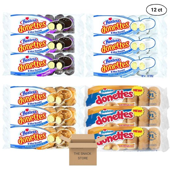 The Snack Store Variety Pack | Hostess Donettes Frosted, Powdered, Crunch, and Honey Bun | 12 Packs (72 Total Donettes!)