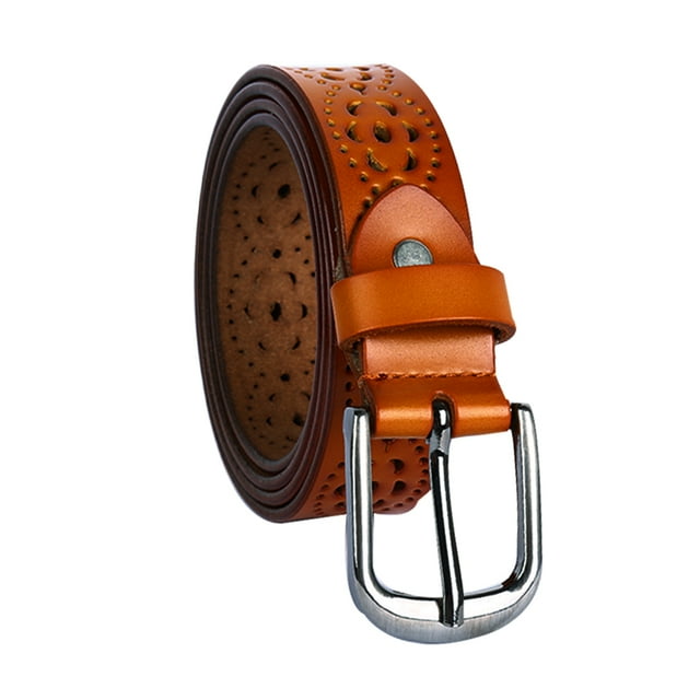 Ceinture en Cuir à Boucle à Ardillon Creux Multi-Trous Sculptée pour Femmes Camel-Fleurs