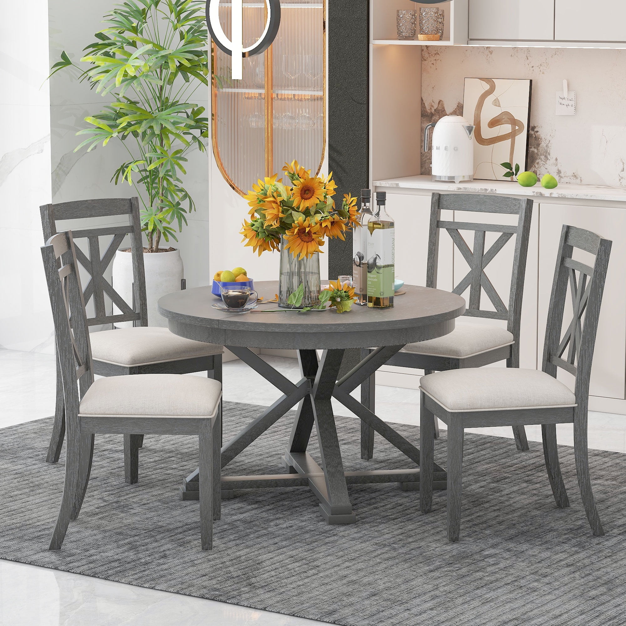 CONSDAN Extendable Dining Table Set - Solid Hardwood, Space-Saving Expandable Table With Chairs - View #7