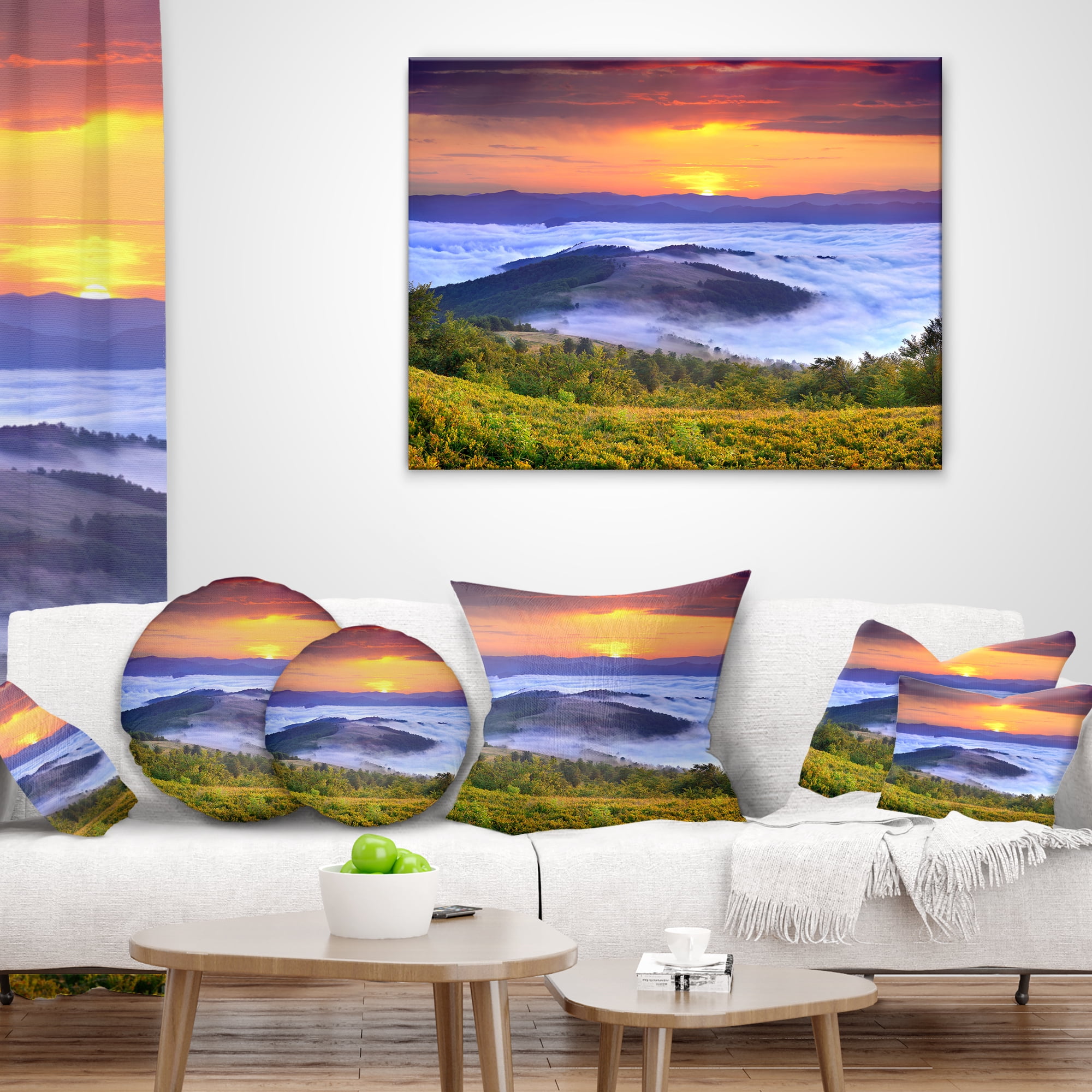 Designart Yellow Sunrise over Blue Waters - Landscape Photo Throw Pillow - 12x20