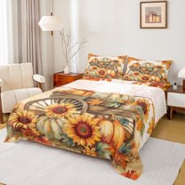 Manfei Happy Autumn Full Size Sheets for Kids, Rustic Sunflower Maple Leaf Bed Sheets, Fall Pumpkin Print Sheet Sets, Lightweight Room Decor, 4-Piece