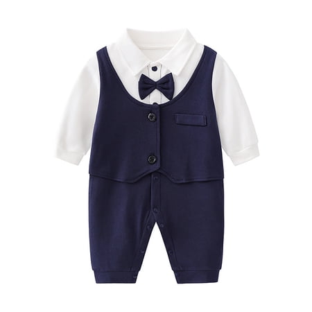 Gelikeya Baby Boy Clothes Gentleman Toddler Rompers Long Sleeve Bowtie Jumpsuit Outfits Formal Wear Tuxedo Suit (#04 Dark Blue 6-9 Months)