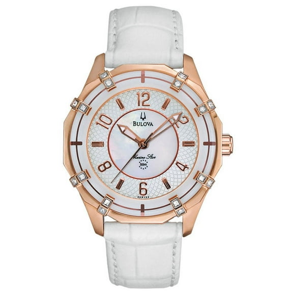 98R150 Women's Rose Gold Tone White Leather Strap Watch