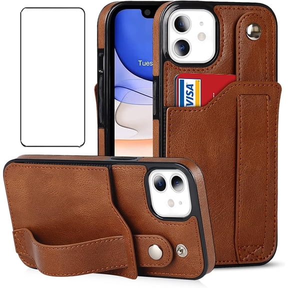 Design for iPhone 11/Eleven Phone Case with Screen Protector Adjustable Wrist Strap Kickstand Credit Card Slot Slim Shockproof Hybrid Rugged Protective Cover for Women Men Girls 6.1 inch Brown