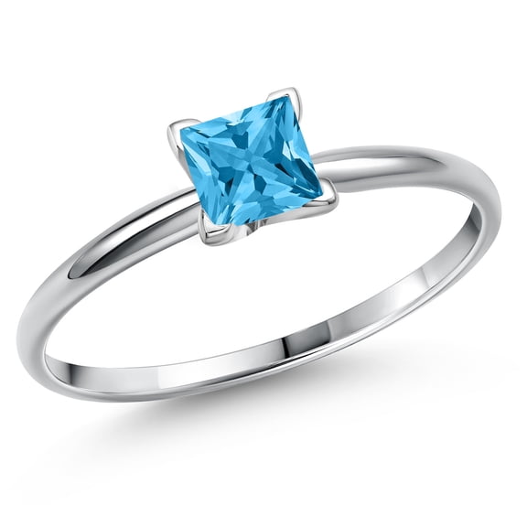 Gem Stone King 14K White Gold Swiss Blue Topaz Engagement Ring for Women | 0.80 Cttw | Princess 5MM | Gemstone November Birthstone | Size 8