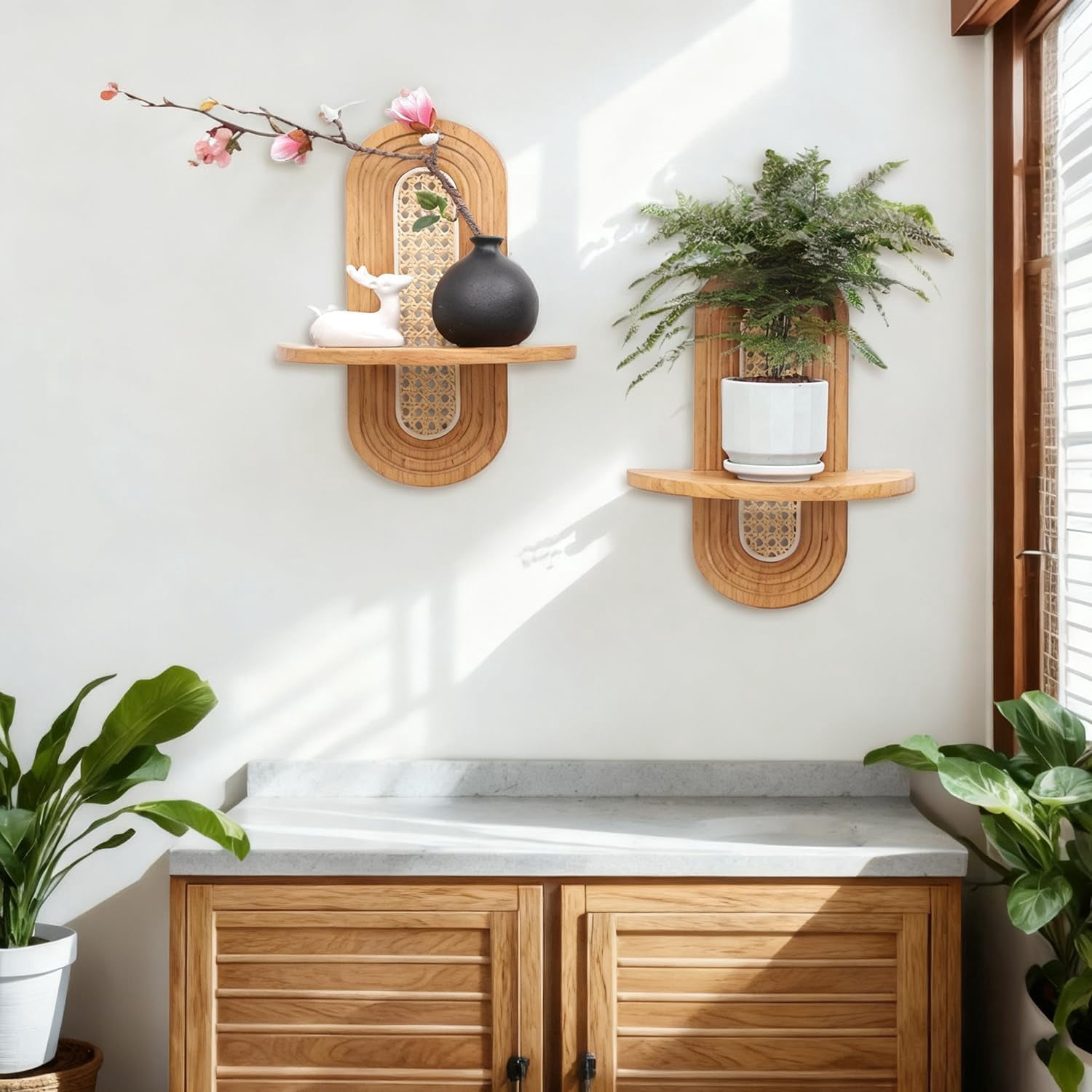 NOUGFVZP 1-Pack Floating Shelves for Wall, Boho Rattan Plant Shelf, Mid Century Small Decorative Shelf Wall-Mounted, Natural Wood Shelves for Living Room,Bedroom,Nursey Room (Matural)