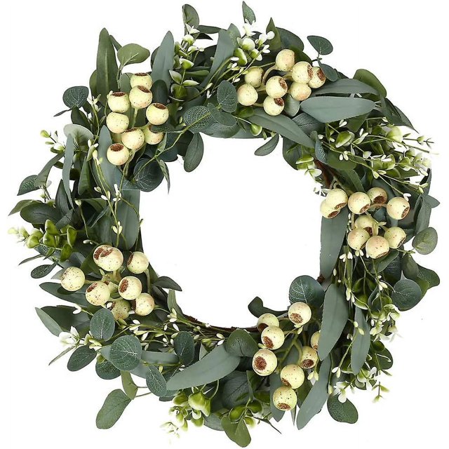 Corona de eucalipto verde, corona de hojas de eucalipto artificiales con bayas grandes, corona verde de primavera/verano para puerta principal