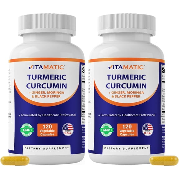 Vitamatic Turmeric Curcumin Supplement – Plant-Based Botanical Extract with Black Pepper, Ginger & Moringa – Vegetarian, Non-GMO, Gluten-Free – 120 Capsules - 2 pack