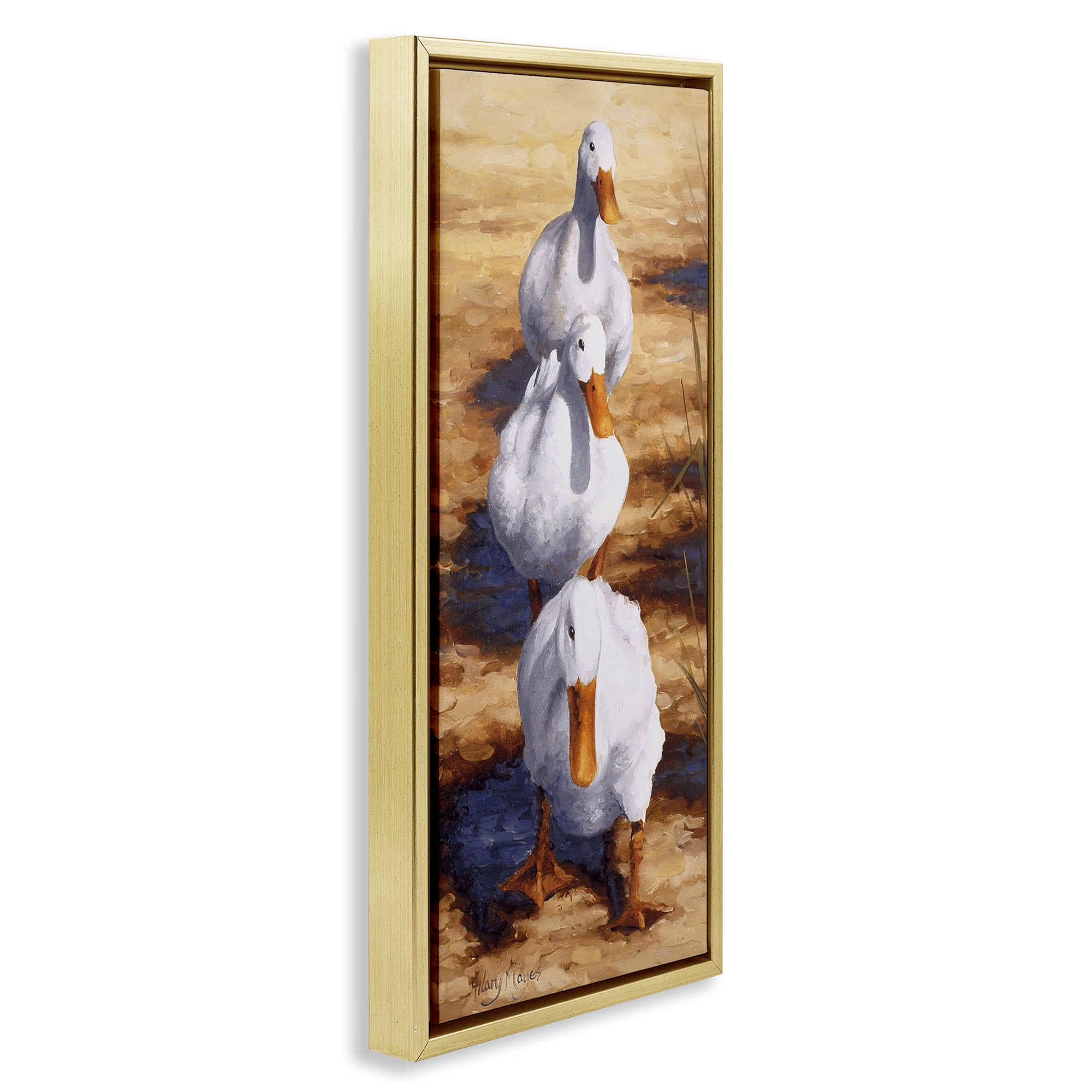 Stupell Industries Cluck Queue Duck Trio Animals Painting Gold Floater Framed Canvas Art Print Wall Art, 11 x 25