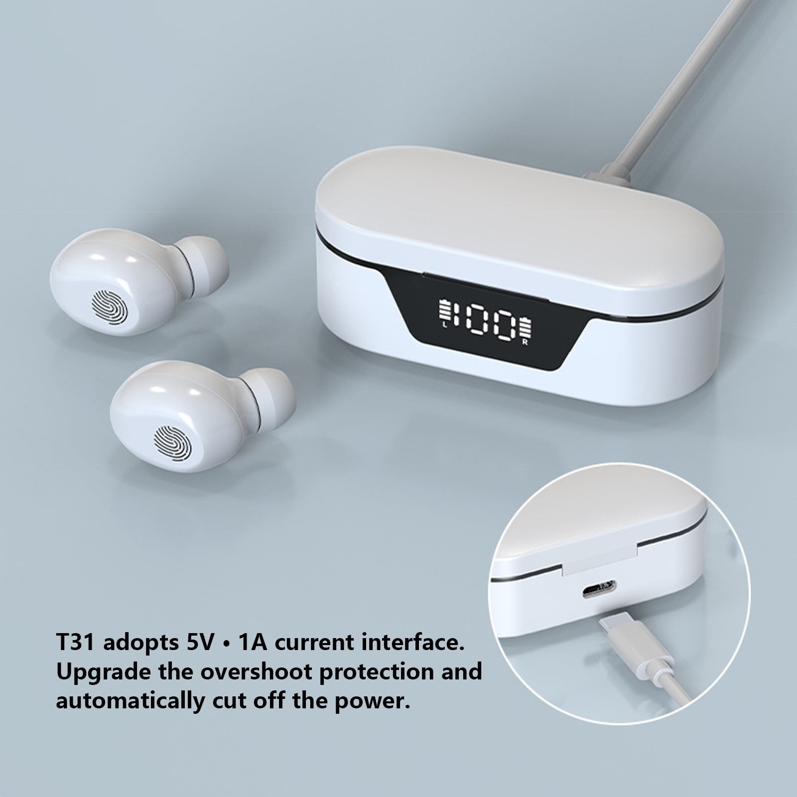 Bluetooth Headphones True Wireless Earbuds 60H Playback LED Power Display Earphones with Wireless Charging Case IPX5 Waterproof in-Ear Earbuds with Mic for Smart Phone Laptop TV Computer Sports,White