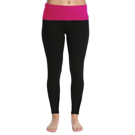 Hot Pink Yoga Pants Nouveau Women's Active Full Length Yoga Pant with Contrasting Color Waistband - Hot Pink Pop, Large ()