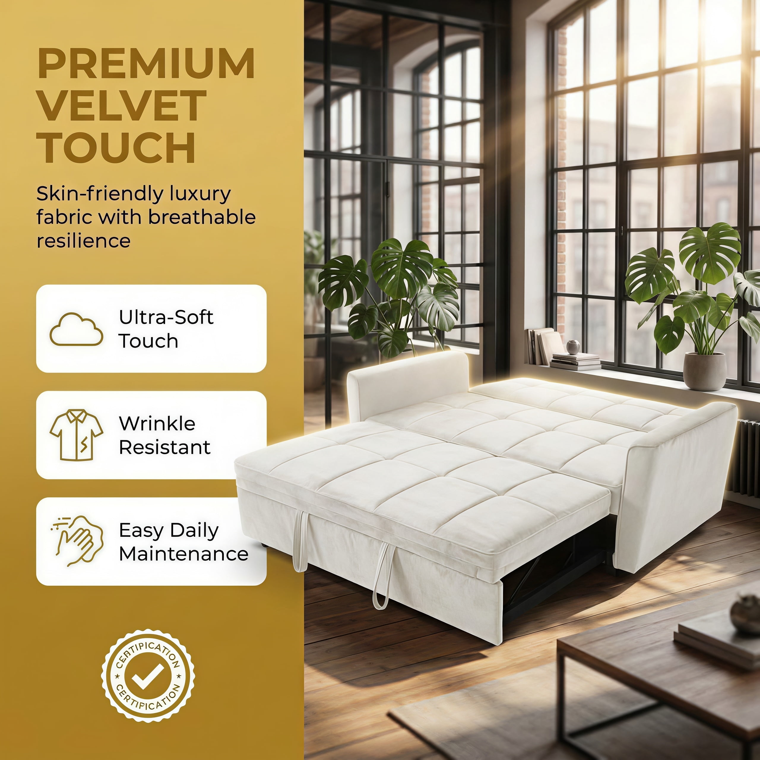 54" Convertible Sleeper Sofa Bed, Modern Velvet 3-in-1 Pull Out Loveseat Couch with 5-Position Backrest & Side Storage Pocket for Living Room, Beige
