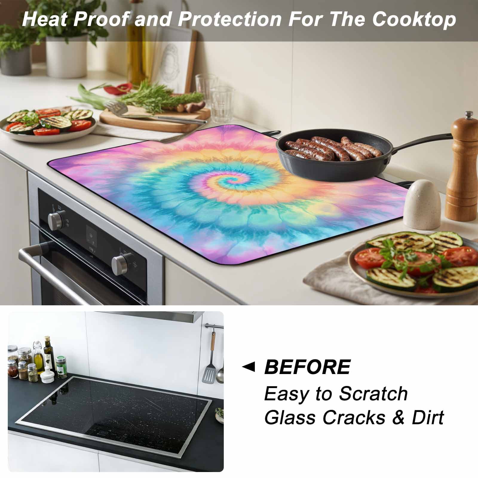 Colorful Tie Dye Stove Top Cover for Electric Stove, Heat-proof & Non Slip Glass Top Stove Cover Protector, Rainbow Ombre Abstract Pattern Art Kitchen Flat Cooktop Rubber Mat 24x21 Inches