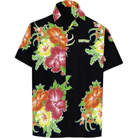 Mens Hawaiian Camp Shirt - Hawaiian Shirt Mens Beach Aloha Camp Party Holiday Short Sleeve Pocket Hibiscus Floral Print I